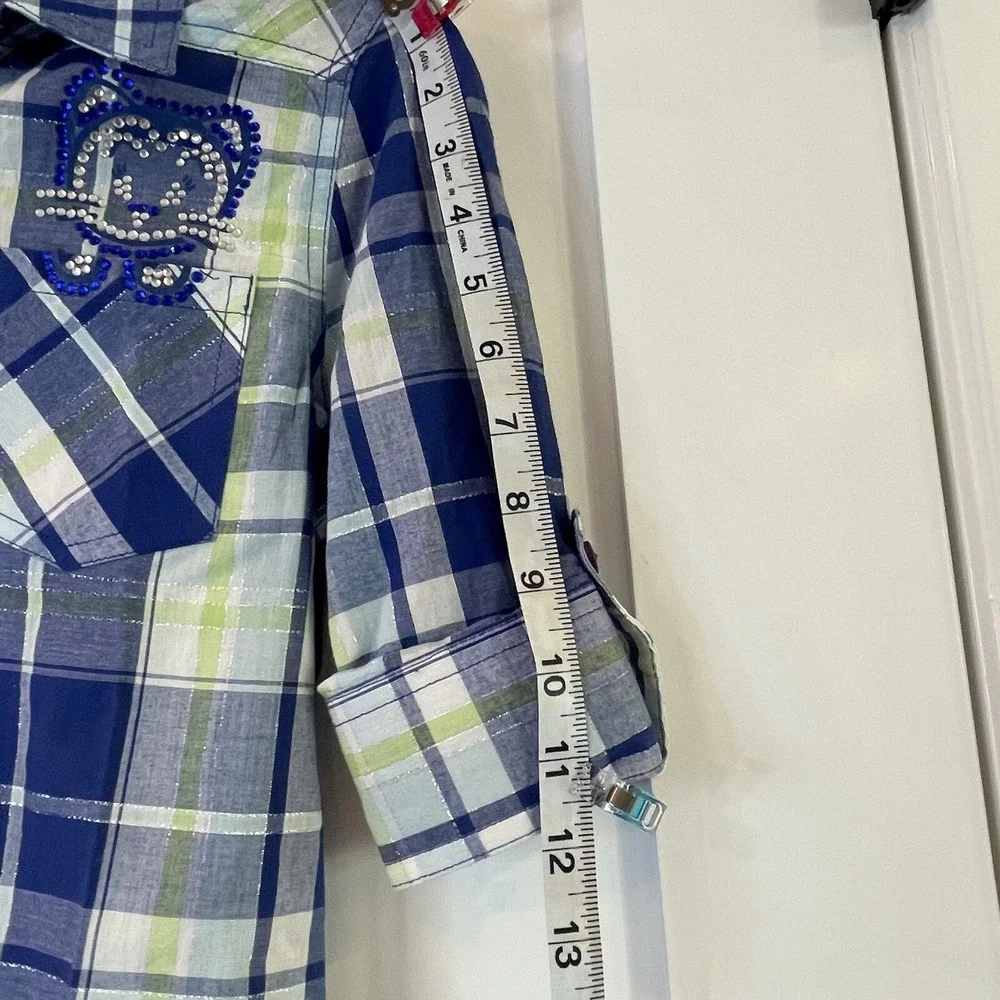 NWT Girls Shirt Top Blue‎ Plaid Roll Tab Long 3/4 Sleeve Cowgirl Cottage Prairie
